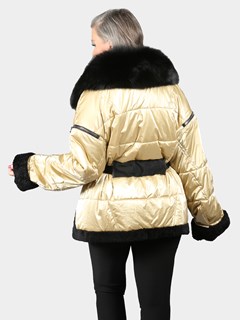 Woman's Gold Fabric Jacket with Black Curly Lamb Fur Collar Cuffs and Trim