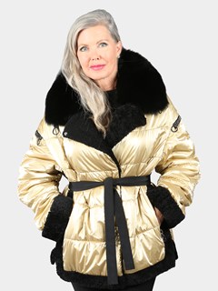 Woman's Gold Fabric Jacket with Black Curly Lamb Fur Collar Cuffs and Trim