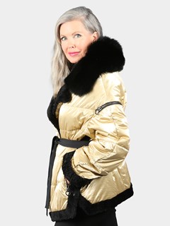 Woman's Gold Fabric Jacket with Black Curly Lamb Fur Collar Cuffs and Trim