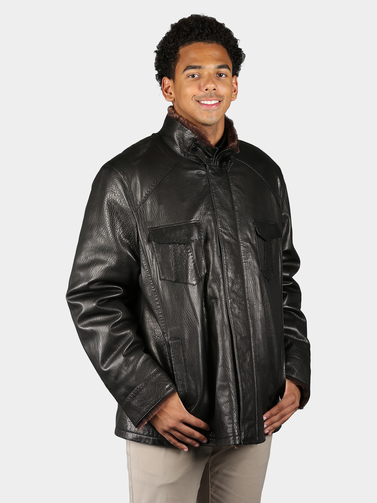 Man's Black Shearling Lined Embossed Lamb Leather Jacket