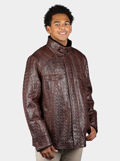 Man's Maroon Shearling Lined Croco Embossed Lamb Leather Jacket