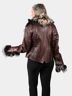 Woman's Maroon Embossed Croco Lamb Leather Jacket