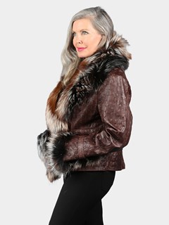 Woman's Maroon Embossed Croco Lamb Leather Jacket