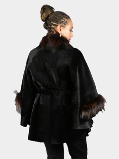 Woman's Black Belted Shearling Poncho