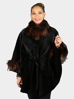 Woman's Black Belted Shearling Poncho