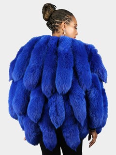 Woman's Royal Blue Dyed Leather Poncho with Fox Fur Tails