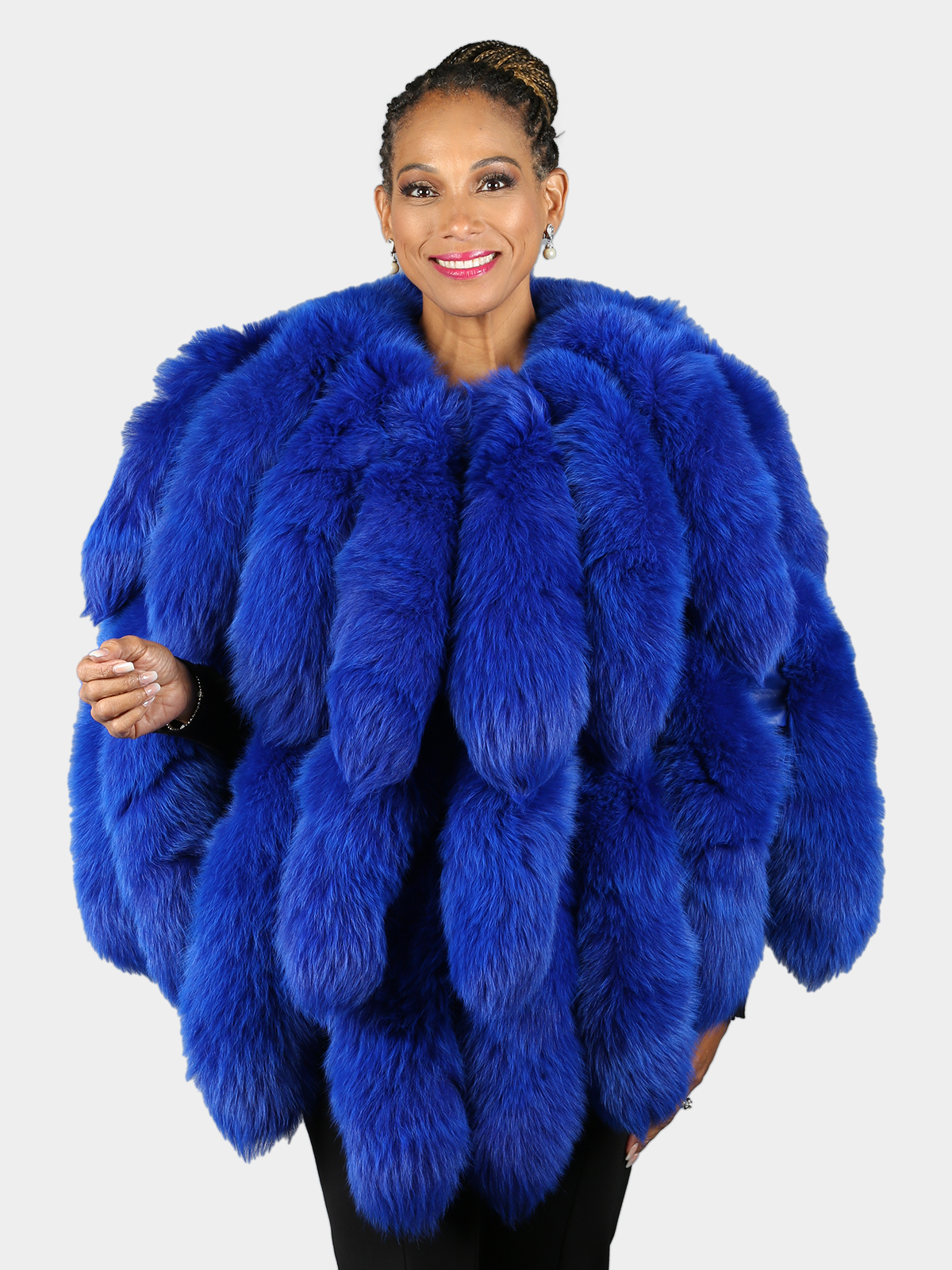 Woman's Royal Blue Dyed Leather Poncho with Fox Fur Tails