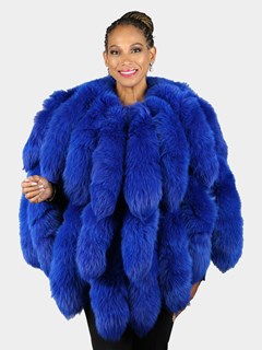 Woman's Royal Blue Dyed Leather Poncho with Fox Fur Tails