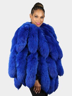 Woman's Royal Blue Dyed Leather Poncho with Fox Fur Tails