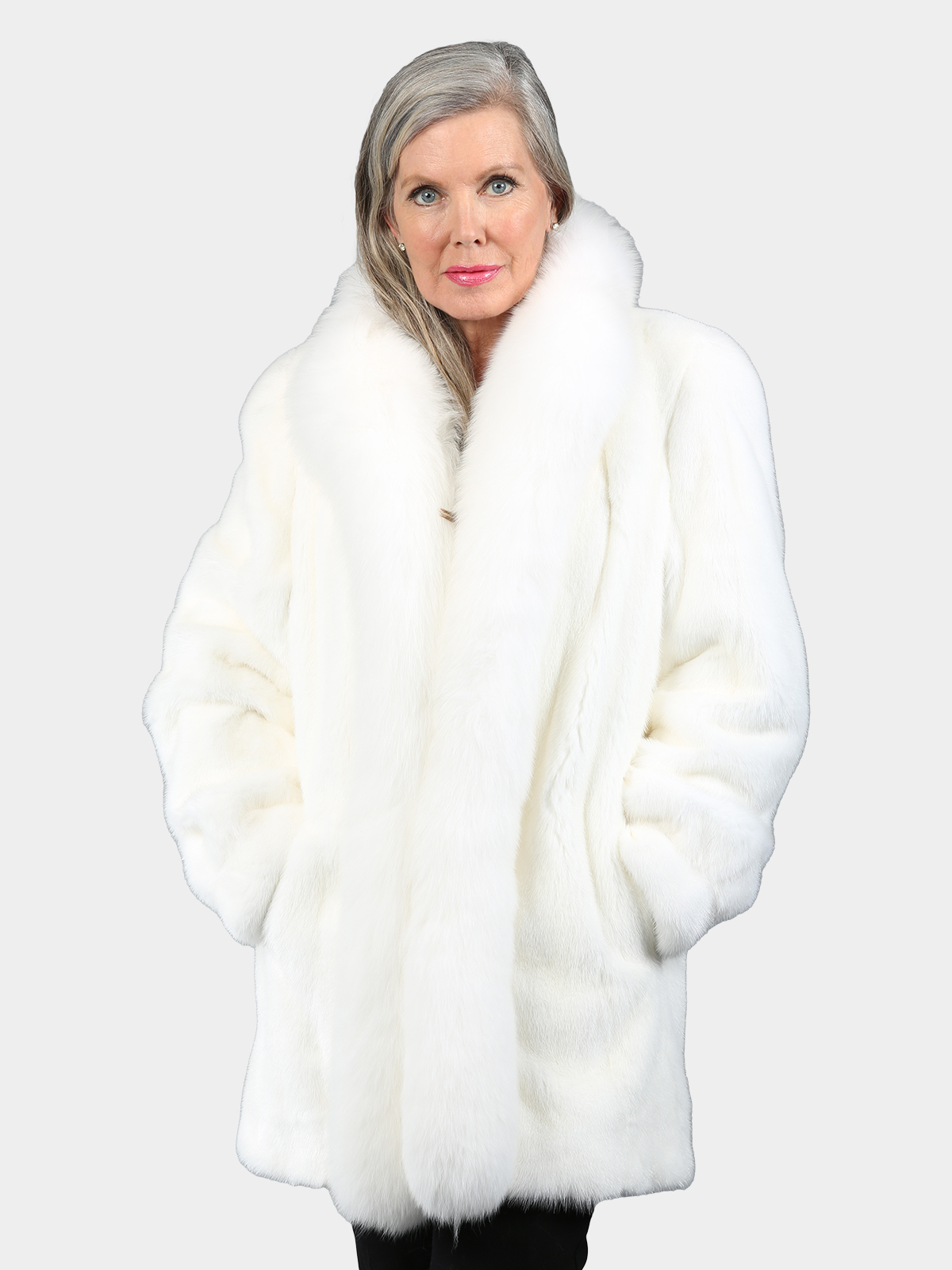 Woman's White Female Mink Fur Stroller with White Fox Tuxedo Front