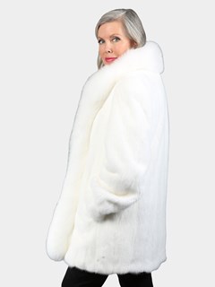 Woman's White Female Mink Fur Stroller with White Fox Tuxedo Front