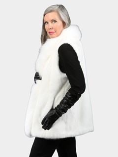 Woman's White Mink Fur Vest with White Fox Tuxedo Front