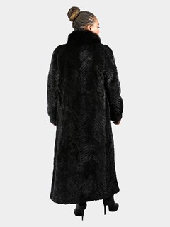 Woman's Black Section Mink Fur Coat with Matching Black Fox Tuxedo Front