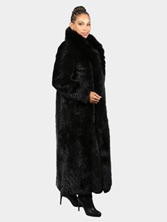 Woman's Black Section Mink Fur Coat with Matching Black Fox Tuxedo Front