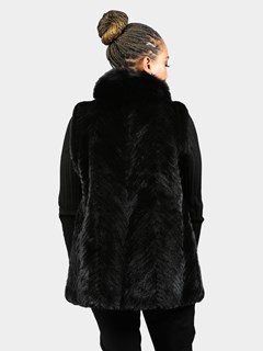 Woman's Black Section Mink Fur Vest with Matching Fox Tuxedo Front