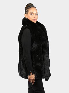 Woman's Black Section Mink Fur Vest with Matching Fox Tuxedo Front