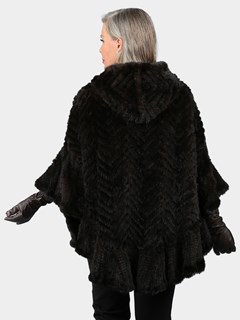 Woman's Mahogany Knitted Mink Fur Zipper Poncho with Hood