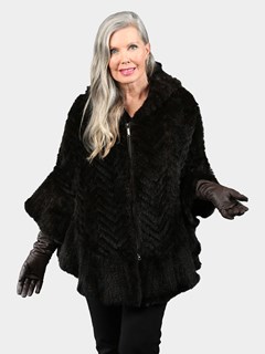 Woman's Mahogany Knitted Mink Fur Zipper Poncho with Hood