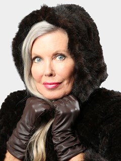 Woman's Mahogany Knitted Mink Fur Zipper Poncho with Hood