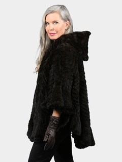 Woman's Mahogany Knitted Mink Fur Zipper Poncho with Hood