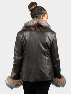 Woman's Brown Nappa Lamb Leather Jacket with Dyed Crystal Fox Cuffs and Tuxedo Front