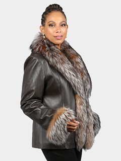 Woman's Brown Nappa Lamb Leather Jacket with Dyed Crystal Fox Cuffs and Tuxedo Front