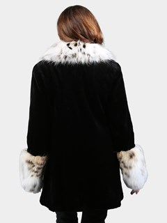 Woman's Black Sheared Mink Fur Jacket with Lynx Cat Collar and Cuffs