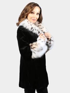 Woman's Black Sheared Mink Fur Jacket with Lynx Cat Collar and Cuffs