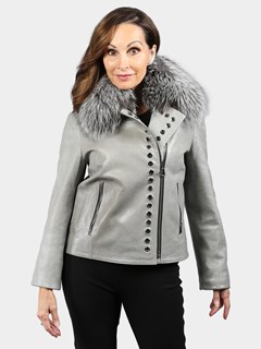 Woman's Storm Grey Textured Lambskin Moto Leather Jacket