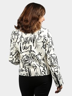 Woman's Black and Cream Scribble Pattern Moto Lambskin Leather Jacket