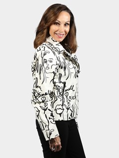 Woman's Black and Cream Scribble Pattern Moto Lambskin Leather Jacket