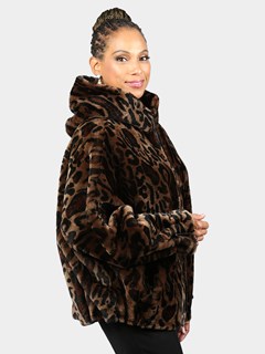 Woman's Leopard Print Hooded Shearling Jacket