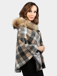 Woman's Gray and Camel Plaid Cashmere Wool Cape