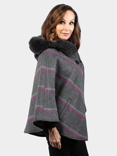 Woman's Gray and Pink Plaid Cashmere Wool Cape