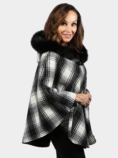 Woman's Black and White Check Cashmere Wool Cape