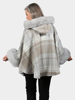 Woman's Light Gray and Beige Cashmere Hooded Wool Cape