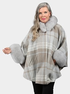 Woman's Light Gray and Beige Cashmere Hooded Wool Cape