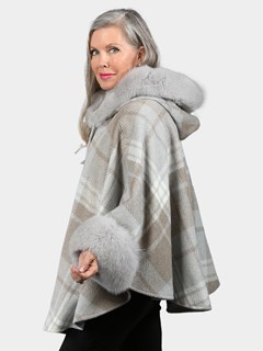 Woman's Light Gray and Beige Cashmere Hooded Wool Cape