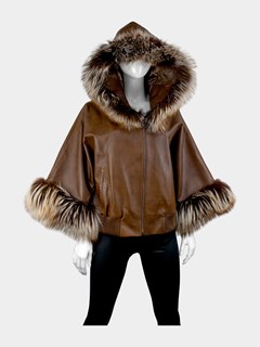 Woman's Brown Leather Hooded Jacket with Silver Fox Trim 