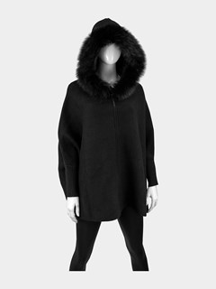 Woman's Black Fabric Zip Up Hoodie Jacket with Fox Trim On Hood