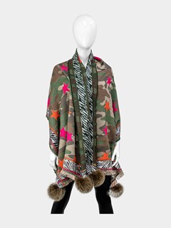 Woman's Army Green/Zebra/Star Woven Fabric Scarf With Fox Poms