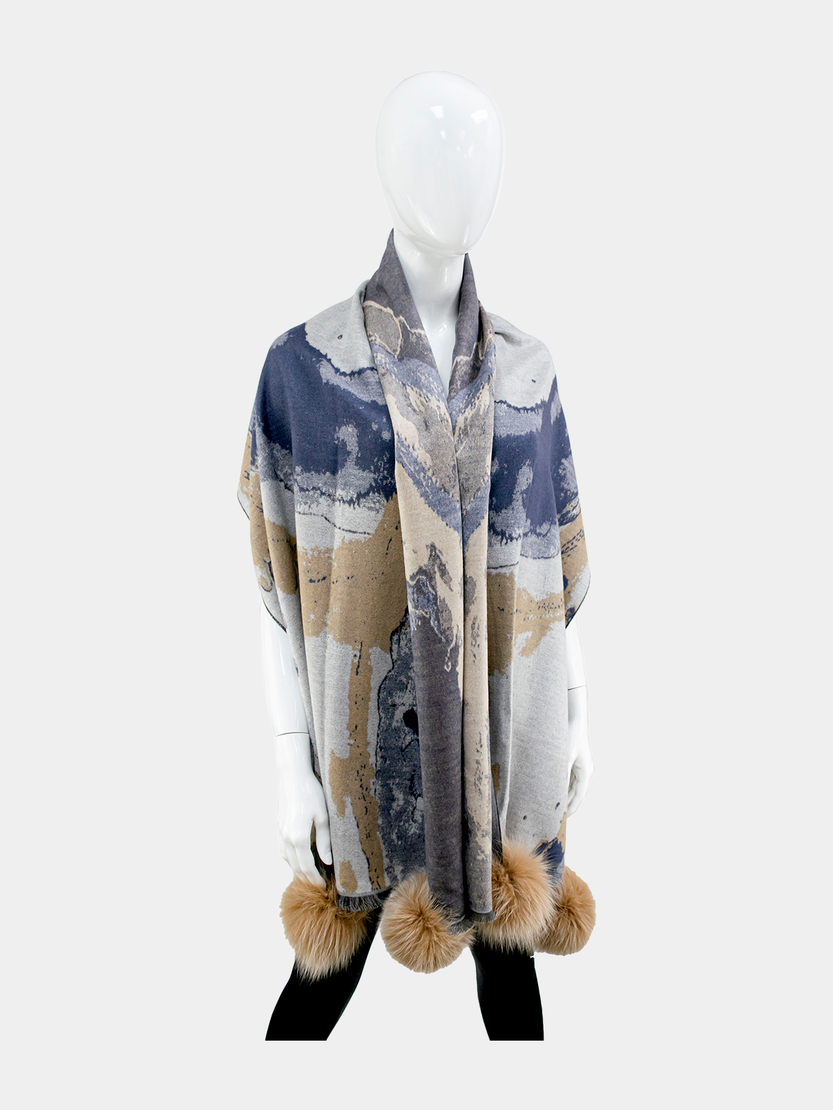 Woman's Taupe and Grey Woven Fabric Water Color Scarf With Fox Poms