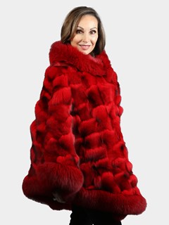 Woman's Red Dyed Fox Section Fur Poncho