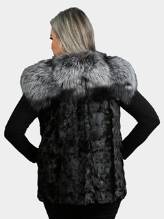 Woman's Black Mink Section Fur Vest With Fox Collar And Trim