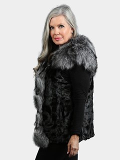 Woman's Black Mink Section Fur Vest With Fox Collar And Trim