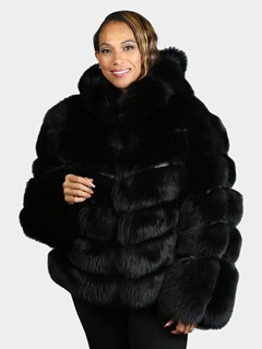 Woman's Black Fox Fur Jacket With Hood