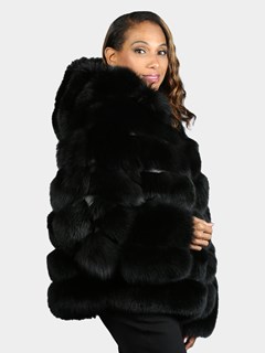 Woman's Black Fox Fur Jacket With Hood