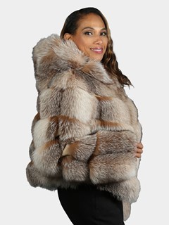 Woman's Natural Crystal Fox  Fur Jacket With Hood