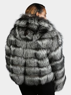 Woman's Natural Silver Fox  Fur Jacket With Hood