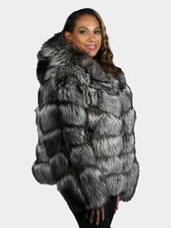 Woman's Natural Silver Fox  Fur Jacket With Hood